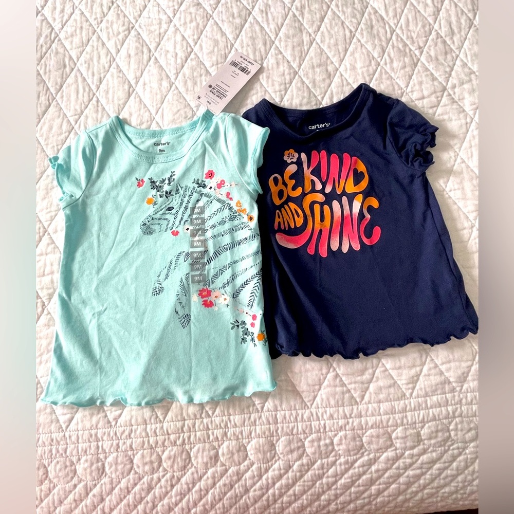 2 Carters Tops - Turquoise Zebra & Navy Graphic Tshirt - 9 months